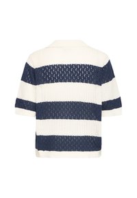 Pletená košeľa s krátkym rukávom s námorníckym a bielym pruhovaním, ktoré sa strieda. Má textúrovaný povrch a klasický dizajn límca.