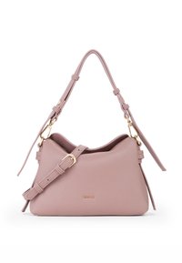 Borsa a tracolla in pelle rosa con finitura testurizzata, dotata di una tracolla in metallo dorato e di lacci laterali regolabili per la personalizzazione.