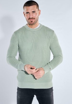 Mann mit kurzem Haar und Bart, trägt einen hellgrünen, strukturierten Pullover und schwarze Hose, steht vor einem einfarbigen hellen Hintergrund.