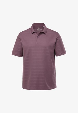 Polo shirt viola con un motivo a righe testurizzato, maniche corte e una patta dei bottoni. Presenta un design del colletto classico.