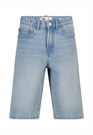Lichtblauwe denimshorts met knoop aan de voorkant, rits, riemlussen en vijfzakkenstijl.