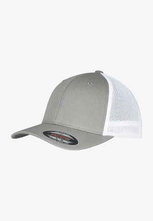 Hall kaetud hall müts, millel on valge võrgusilm taga, kõver visor ja logo päts ees. Sile tekstuur ja struktureeritud disain.