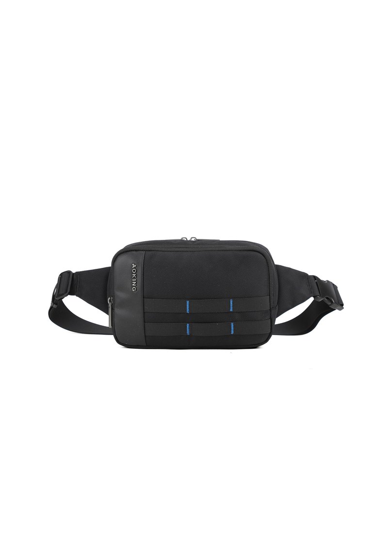 Borsa in tessuto nero a forma rettangolare, con linee di accento blu, tracolla regolabile e compartimento principale con zip.