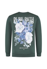 Groene sweatshirt met een bloemenontwerp in blauwe en witte tinten op de rug, met de tekst "PURE PATH" en "OWN THE JOURNEY" in het wit.