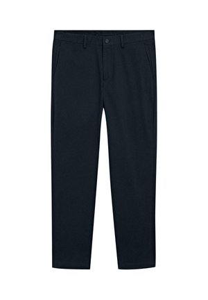 Pantaloni blu Navy realizzati in tessuto misto cotone, presentano una chiusura con zip e bottone, due tasche laterali e un design a gamba dritta.