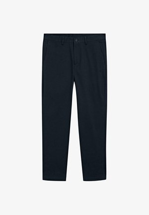 Pantaloni blu Navy realizzati in tessuto misto cotone, presentano una chiusura con zip e bottone, due tasche laterali e un design a gamba dritta.