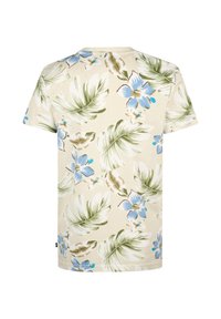 Lys beige t-shirt med et tropisk blomsterprint i blå og grønne nuancer. Korte ærmer og rund halskud. Blødt bomuldsblandingsstof.