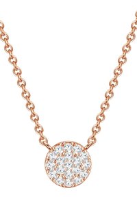 Rožinio aukso vėrinys su apvaliu pakabuku, kuris turi blizgiais skaidriais kristalais papuoštą raštą, prisegtą prie grandinės su apvaliais žiedais.