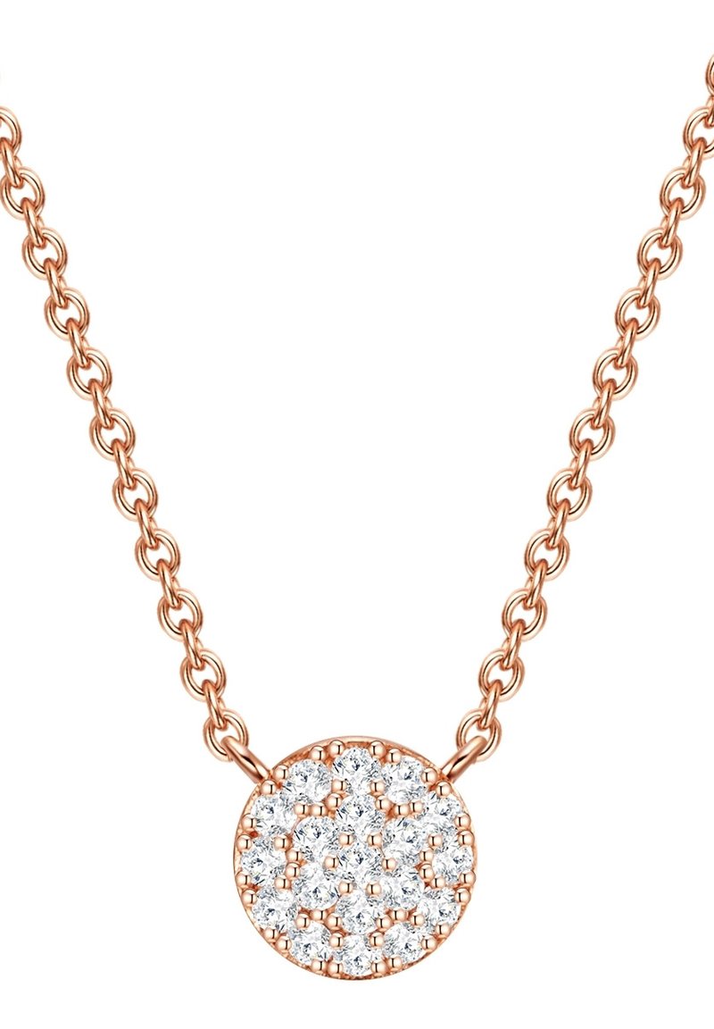 Rožinio aukso vėrinys su apvaliu pakabuku, kuris turi blizgiais skaidriais kristalais papuoštą raštą, prisegtą prie grandinės su apvaliais žiedais.