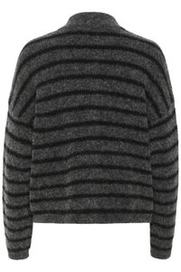 Gray striped sweater made of soft, fuzzy material. Features wide horizontal black stripes and a collarless design. Relaxed fit.