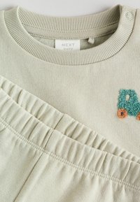 Hellgrüner Pullover mit geripptem Rundhalsausschnitt, strukturiertem Lkw-Motiv in blauer und orangefarbener Stickerei sowie gerafftem Detail an den Ärmeln.