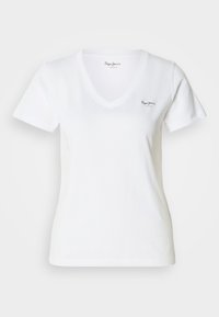 Λευκό βαμβακερό T-shirt με V-λόγχη και κοντά μανίκια. Διαθέτει μικρό μαύρο λογότυπο στο αριστερό στήθος. Ομαλή υφή. Χωρίς σχέδια.