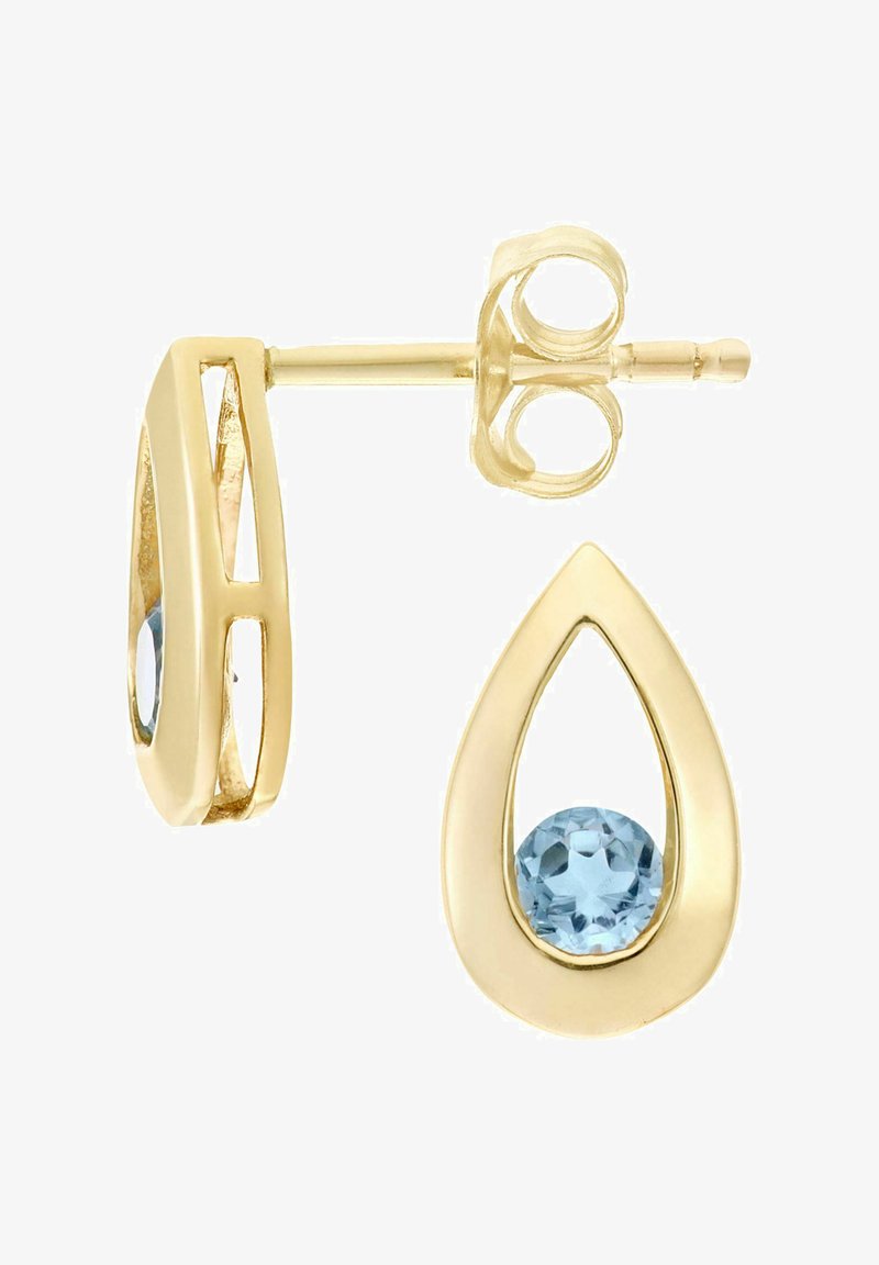 Boucles d'oreilles dorées en forme de goutte avec un design ouvert, mettant en valeur une pierre précieuse bleu clair au centre.