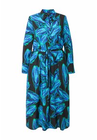 Lång skjortklänning med svart bakgrund och ett livfullt mönster av blå och gröna blad. Inkluderar ett knytbälte och långa ärmar.