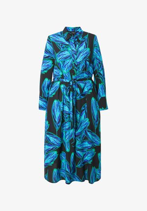 Robe longue à boutons avec un fond noir et un motif de feuilles bleu vif et vert. Comprend une ceinture à nouer et des manches longues.