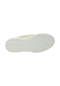 Suola della scarpa con una superficie in gomma bianca texturizzata, caratterizzata da una parte superiore liscia di colore marrone chiaro e un logo di marca impresso, che aderisce saldamente alla suola.
