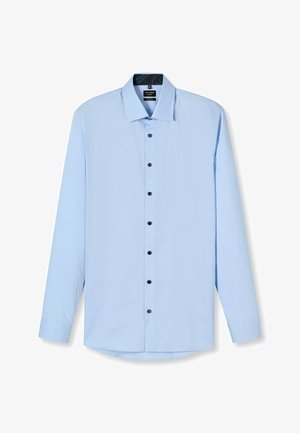 Helles blaues langärmliges Hemd mit spitzem Kragen, schwarzen Knöpfen und glatter Textur. Verfügt über einen abgerundeten Saum und eine reguläre Passform.