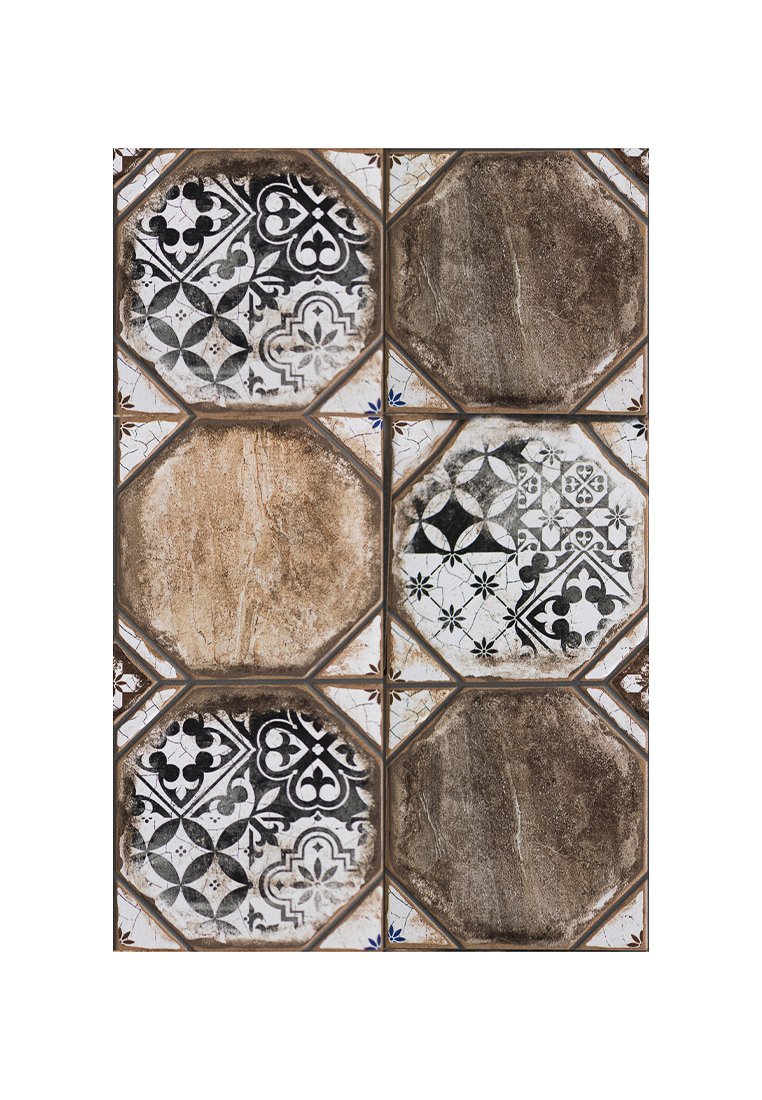Sześciokątne płytki podłogowe z naprzemiennie zużytymi brązowymi oraz czarno-białymi wzorami w stylu vintage w układzie siatki.