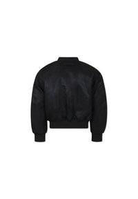 Giubbotto bomber nero, materiale liscio simile al satin, polsini e orlo a costine, colletto arrotondato, design aderente, senza chiusure o decorazioni visibili.