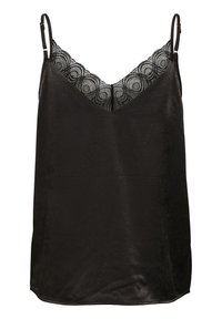 Caraco en satin noir avec fines bretelles réglables et bordure en dentelle festonnée le long du décolleté en V.