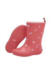Bottes de pluie en caoutchouc rose avec une surface brillante, ornées de petites cerises et fraises imprimées, semelle à texture antidérapante et une languette de tirage.