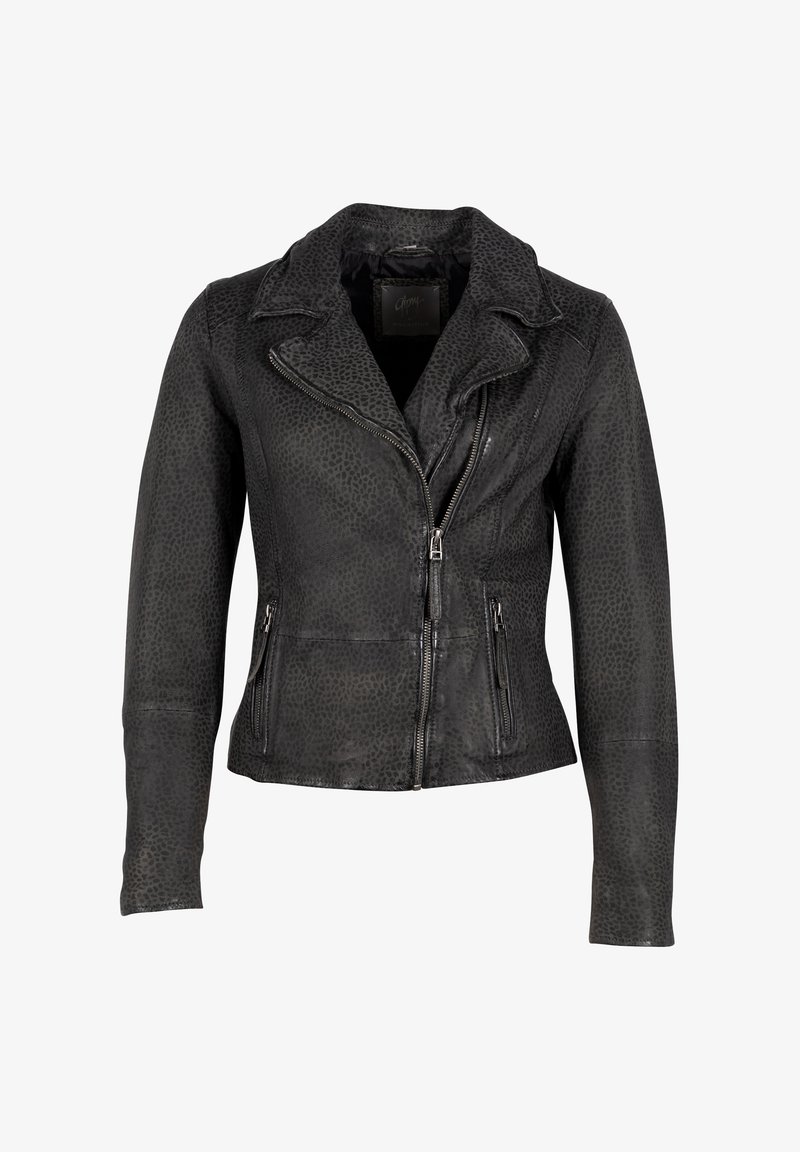 Zwarte leren jas met een gestructureerd dierenprintpatroon. Voorzien van een neklap, asymmetrische ritssluiting en twee zakken aan de voorkant.