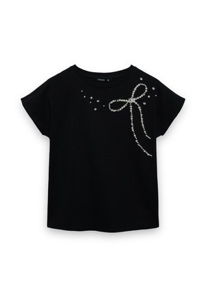 T-shirt nera a maniche corte con scollo arrotondato, decorata con strass trasparenti che formano un disegno a fiocco sul davanti.
