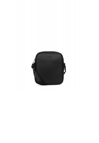 Borsa a tracolla nera realizzata in materiale sintetico testurizzato, caratterizzata da una forma rettangolare, chiusura piatta, tracolla regolabile e branding discreto.
