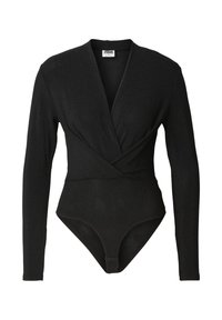 Body noir à manches longues avec un col en V profond et un design à effet cache-cœur. Présente une texture lisse et une fermeture à pression à l'entrejambe.