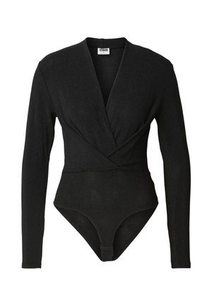 Body de manga larga negro con escote en V profundo y diseño cruzado en la parte delantera. Presenta una textura suave y cierre de botones a presión en la entrepierna.