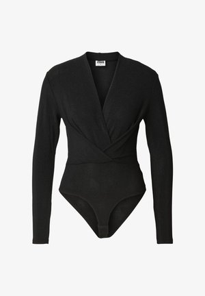 Body de manga larga negro con escote en V profundo y diseño cruzado en la parte delantera. Presenta una textura suave y cierre de botones a presión en la entrepierna.