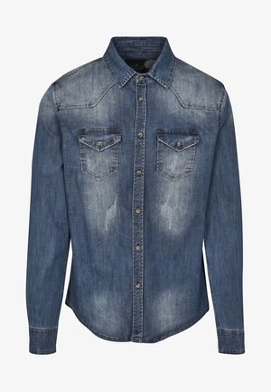 Camicia in denim blu scuro con colletto classico, maniche lunghe, due tasche sul petto, texture sbiadita e chiusura con bottoni.