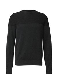 Schwarzer Strickpullover mit gerippter Textur, Rundhalsausschnitt und langen Ärmeln. Besitzt ein glattes Oberteil und ein kleines Logodetail auf der Brust.