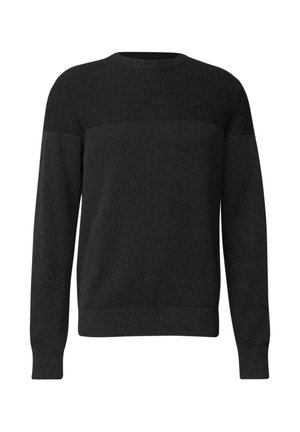 Černý pletený svetr s ribovanou strukturou, kulatým výstřihem a dlouhými rukávy. Vyznačuje se hladkým horním panelem a malým logem na hrudi.