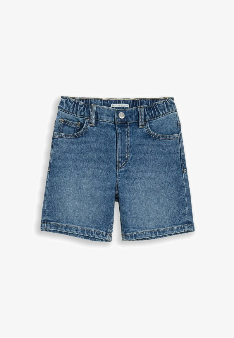 Short en denim bleu avec taille élastique, bouton à l'avant et poches, posé à plat sur fond blanc.