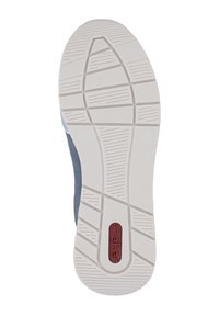 Die Außensohle des Schuhs weist ein strukturiertes Muster auf, hauptsächlich in Weiß mit grauen Akzenten. Das "rieker"-Logo erscheint in Rot. Größe 37 ist seitlich eingeprägt.