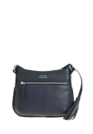 Sac bandoulière en cuir bleu marine avec poche zippée sur le devant, matériel en argent, détail en frange sur la sangle et logo "Loxwood Le Cabas Parisien".