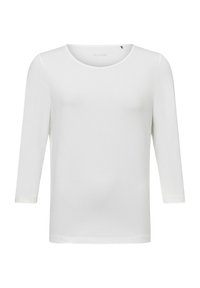 Weißes Langarm-T-Shirt aus weichem Stoff. Mit rundem Halsausschnitt und schmaler Passform, sichtbaren Nähten an den Ärmeln und dem Saum.