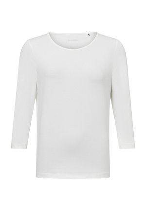 Weißes Langarm-T-Shirt aus weichem Stoff. Mit rundem Halsausschnitt und schmaler Passform, sichtbaren Nähten an den Ärmeln und dem Saum.