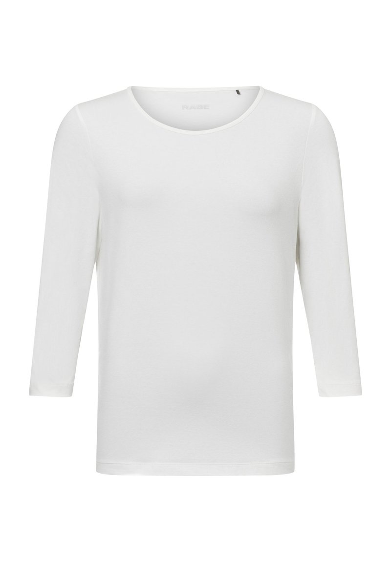 Weißes Langarm-T-Shirt aus weichem Stoff. Mit rundem Halsausschnitt und schmaler Passform, sichtbaren Nähten an den Ärmeln und dem Saum.