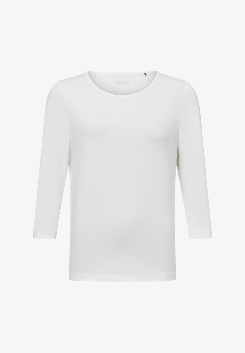 Weißes Langarm-T-Shirt aus weichem Stoff. Mit rundem Halsausschnitt und schmaler Passform, sichtbaren Nähten an den Ärmeln und dem Saum.