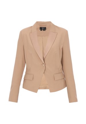 Blazer beige pour femme avec un seul bouton, col cranté, poches à rabat et manches longues, présenté face avant sur fond blanc.