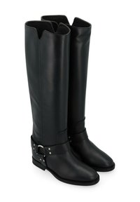 Bottes noires en cuir jusqu'au genou avec une texture lisse, dotées d'une large ouverture, d'un détail de sangle à boucle et d'un petit talon.