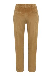 Pantalon en velours côtelé marron clair avec texture côtelée, taille élastique et deux poches arrière, se resserrant vers la cheville.