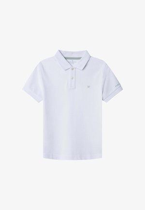 Weißes Poloshirt mit klassischem Kragen; verfügt über ein kleines besticktes Logo auf der Brust und den Markennamen auf dem Ärmel. Kurze Ärmel, aus Baumwollmaterial.