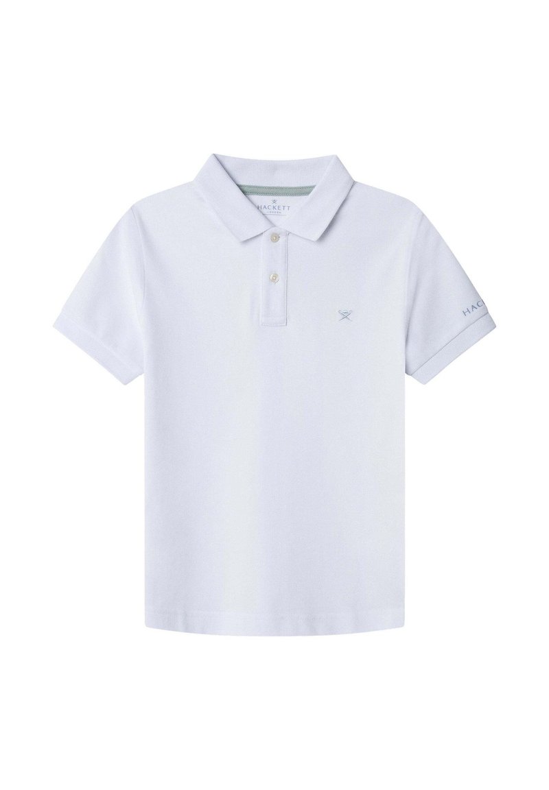 Hvit polo skjorte med klassisk krage; har en liten brodert logo på brystet og merkenavn på ermene. Korte ermer, bomullsmateriale.