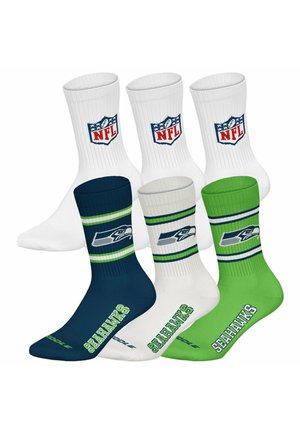 Drei Paare weiße Crew-Socken mit NFL-Logo und drei Paare Seahawks-Crew-Socken in Marineblau, Weiß und Grün mit Teamlogo und Namen.