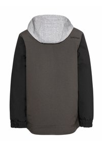 Giacca con cappuccio grigio, corpo grigio scuro e maniche nere. Presenta polsini elasticizzati e un design pulito senza chiusure visibili.