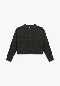 Mørkegrå, cropped cardigan med lange ærmer, seks sorte knapper og rund halsudskæring, præsenteret på en hvid baggrund.