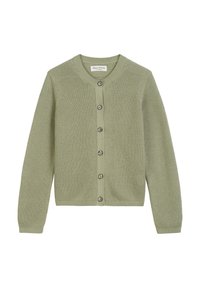 Hellgrüner gestrickter Cardigan mit langen Ärmeln, rundem Ausschnitt und sechs Knöpfen zum Schließen. Verfügt über ein strukturiertes Muster und gerippte Bündchen.